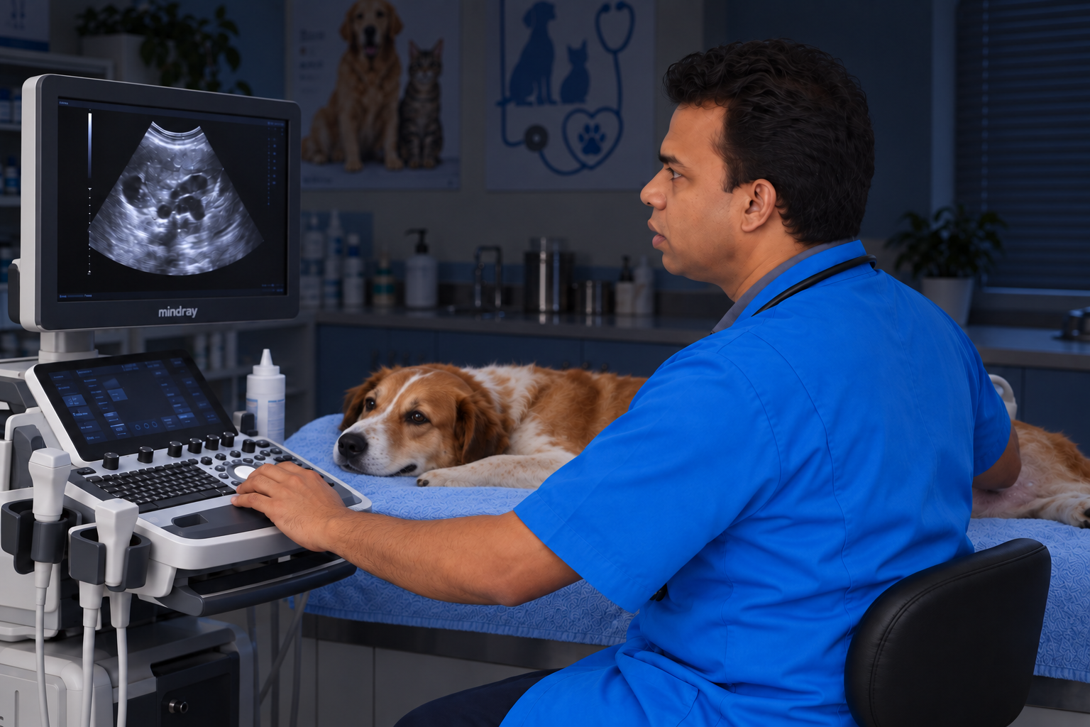 Illustration of a veterinarian beside a dog and an ultrasound machine