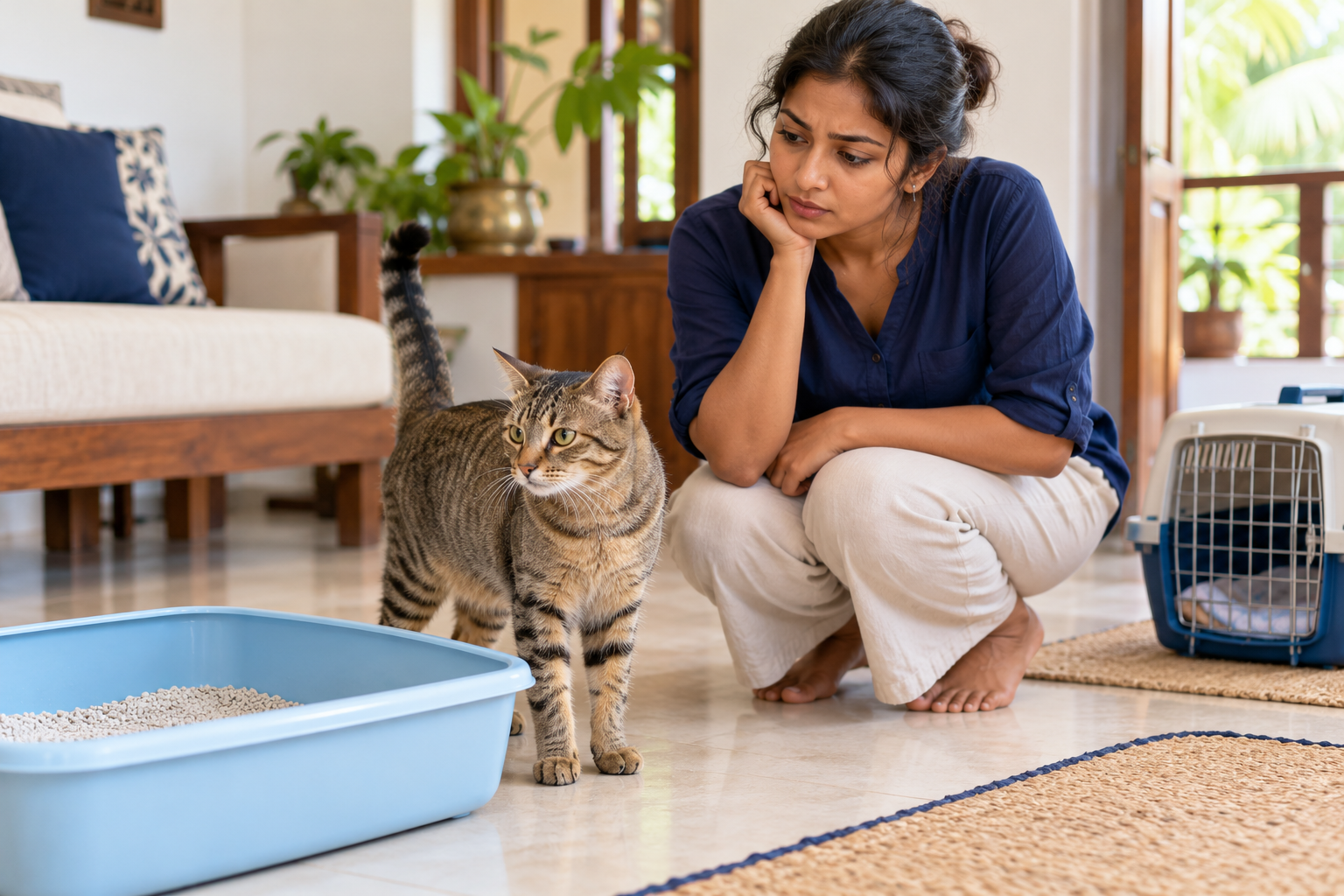AI illustration of an owner watching a tabby cat beside a litter tray with a carrier nearby