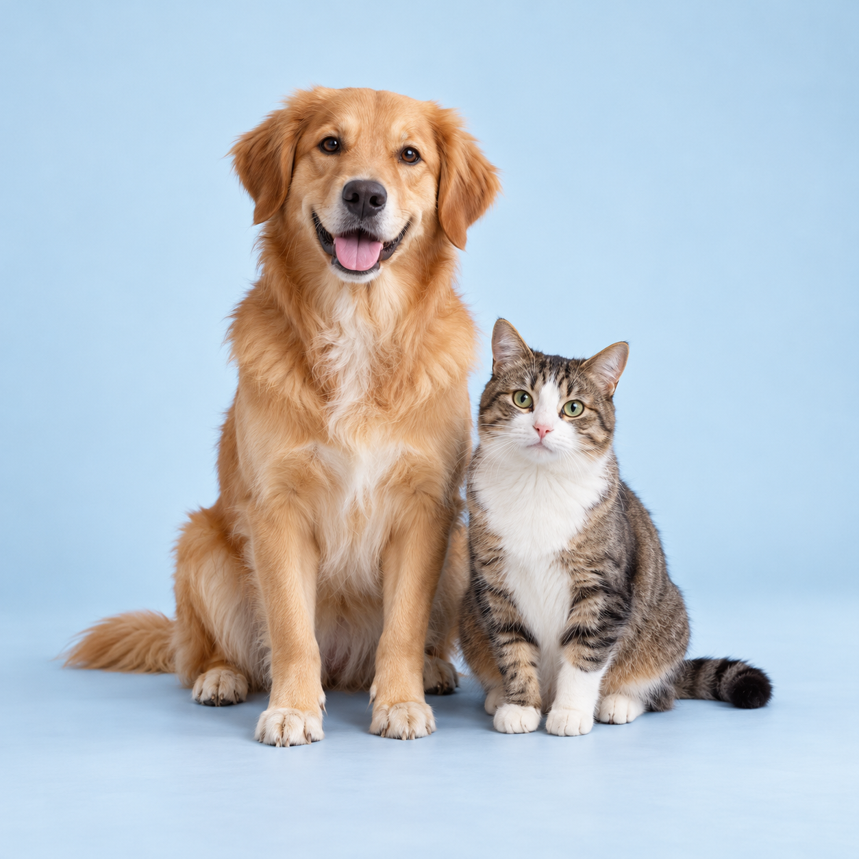 A friendly dog and cat sitting together