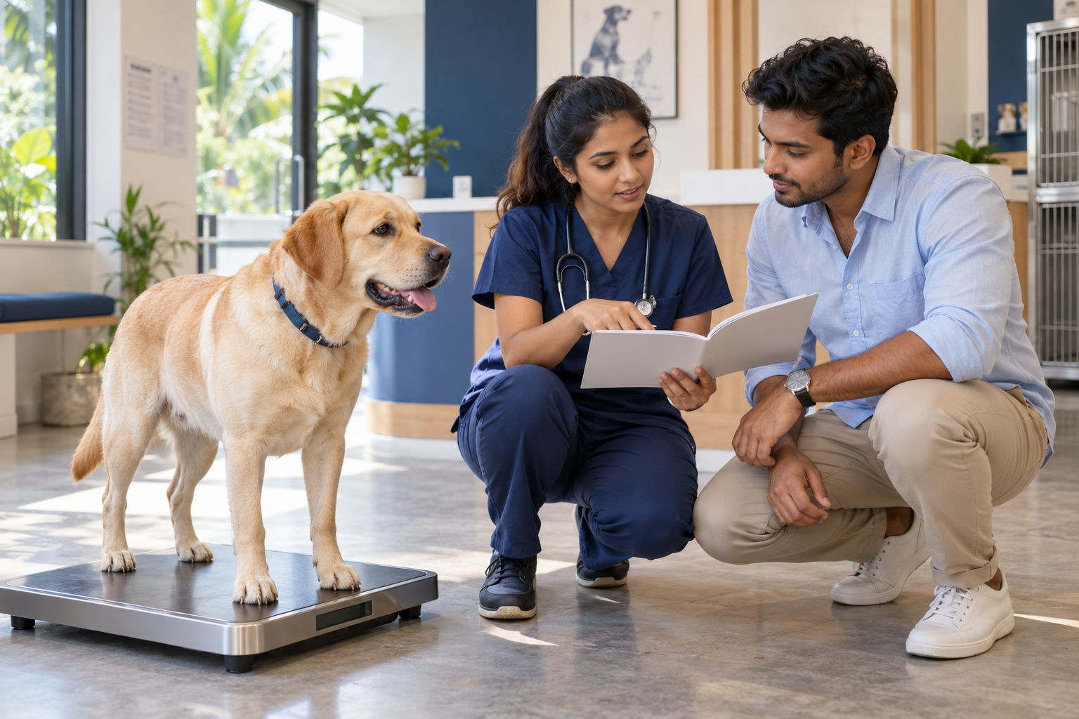 AI-generated image of a young Sri Lankan veterinarian and owner discussing a health booklet beside a Labrador on a weighing scale