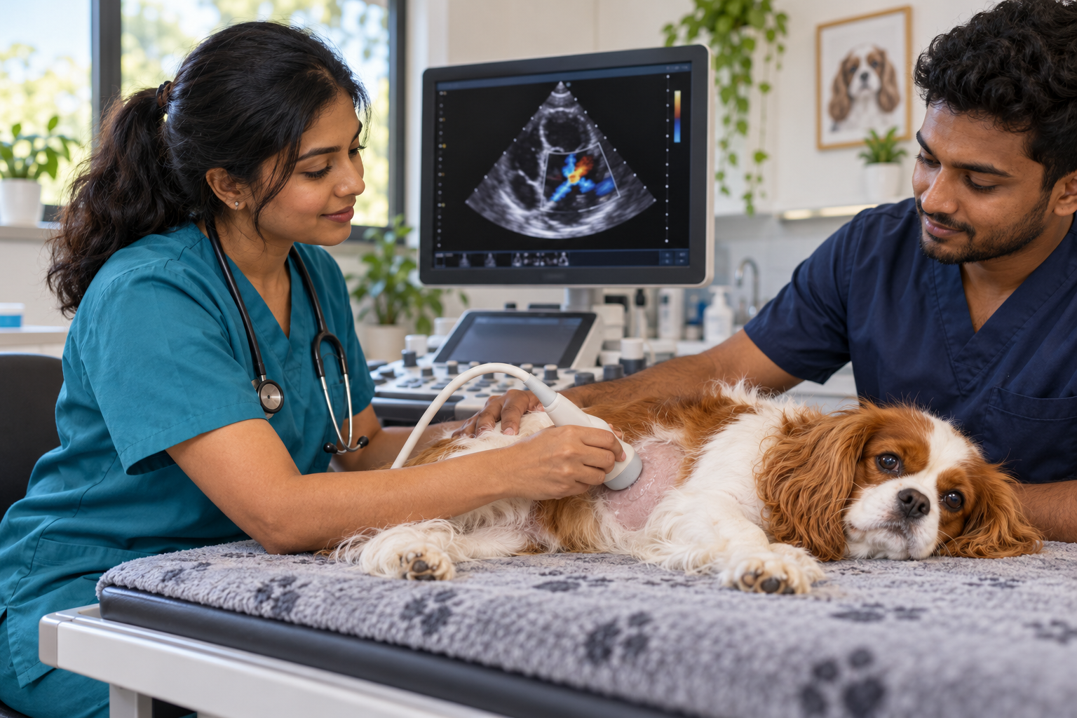 AI-generated image of a young Sri Lankan veterinarian performing a heart ultrasound on a Cavalier King Charles Spaniel with an assistant