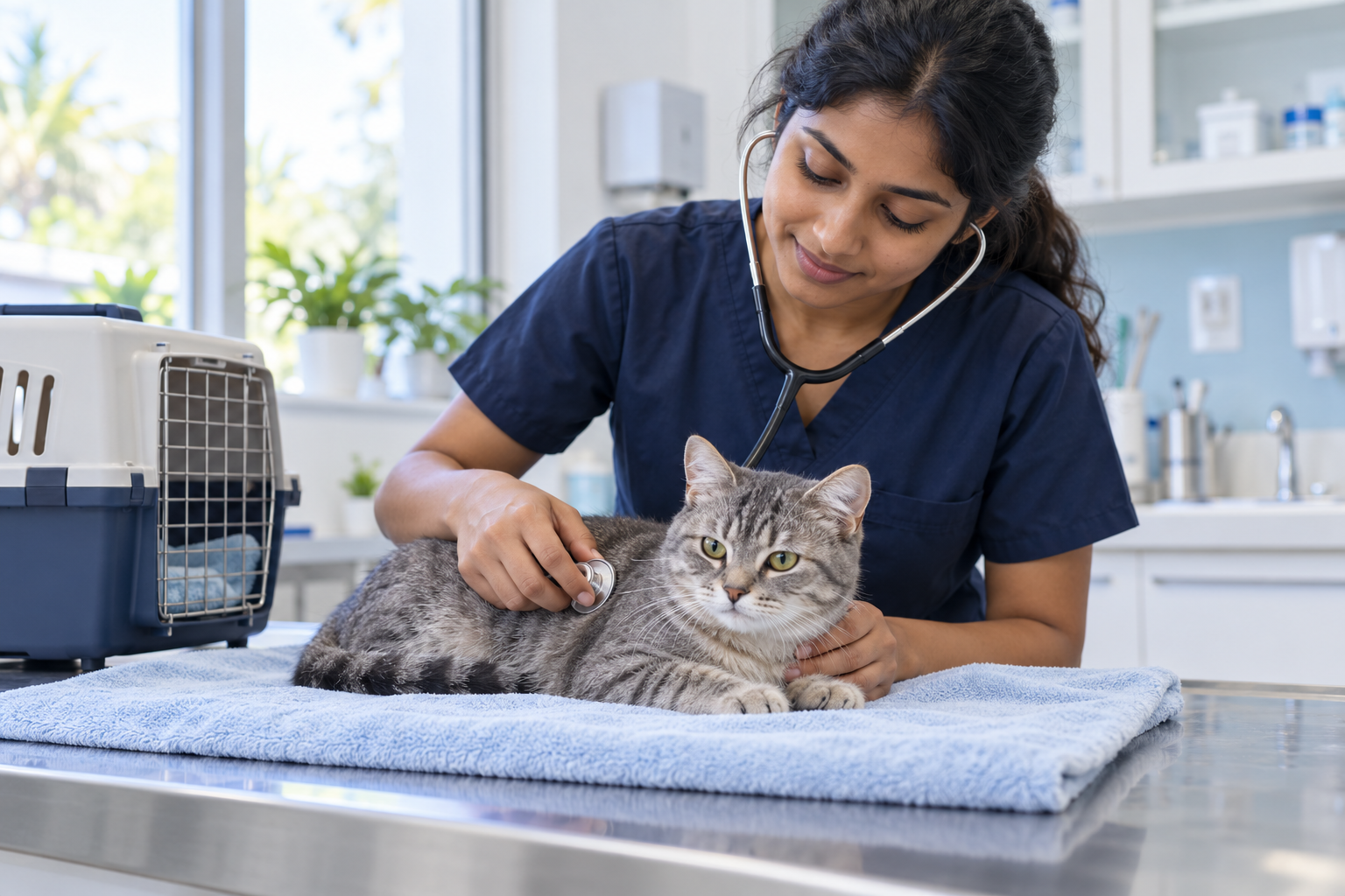 AI-generated illustration of a Sri Lankan veterinary surgeon examining a grey tabby cat with a stethoscope beside a cat carrier