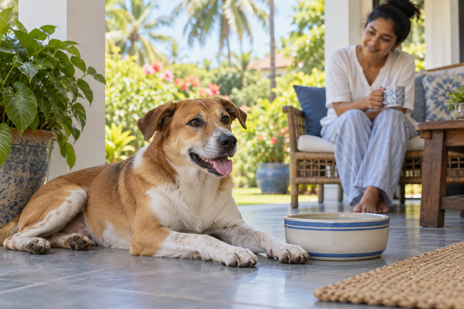AI illustration of a dog resting beside a water bowl on a shaded veranda