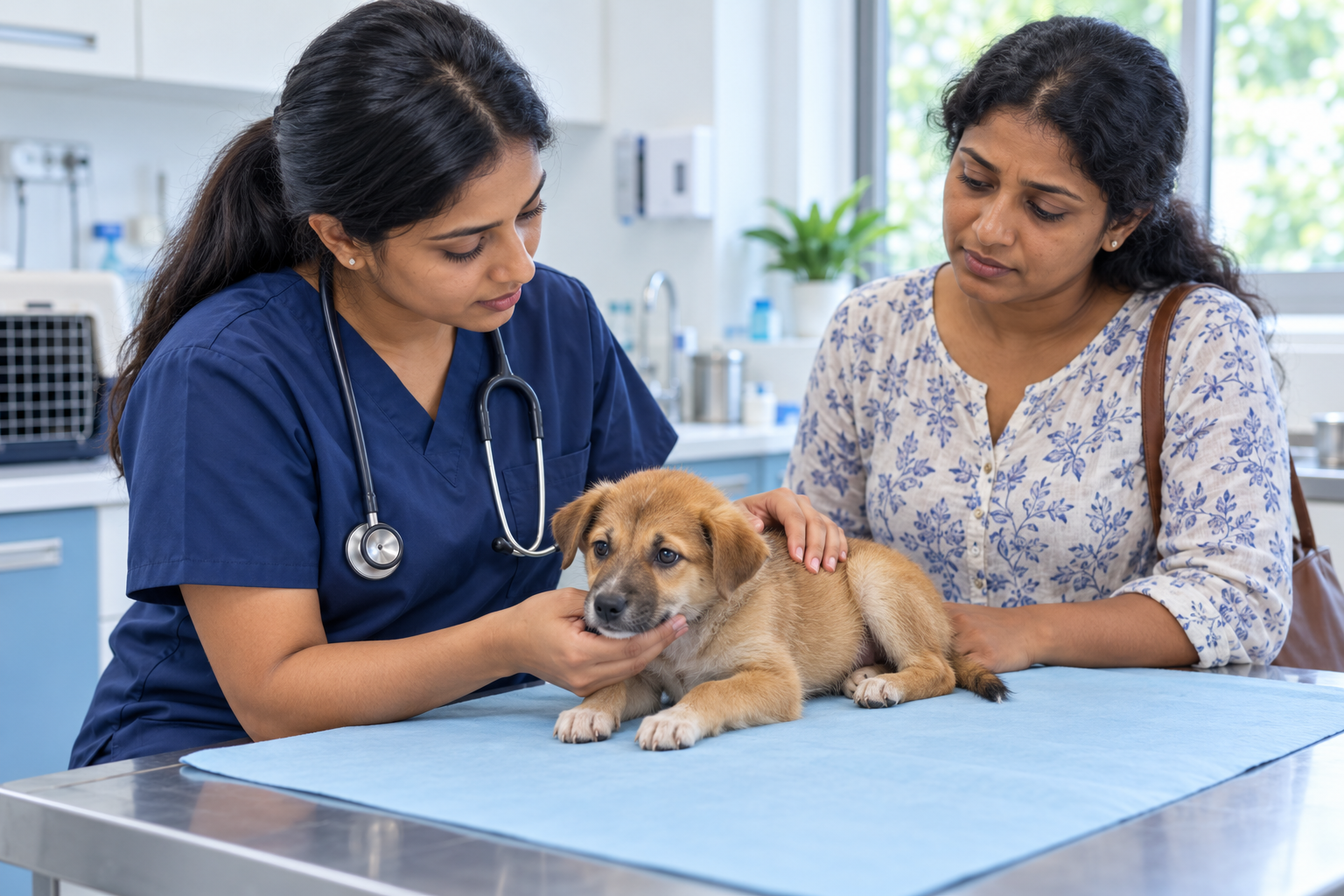 AI-generated illustration of a Sri Lankan veterinary surgeon gently examining a tan puppy beside its owner