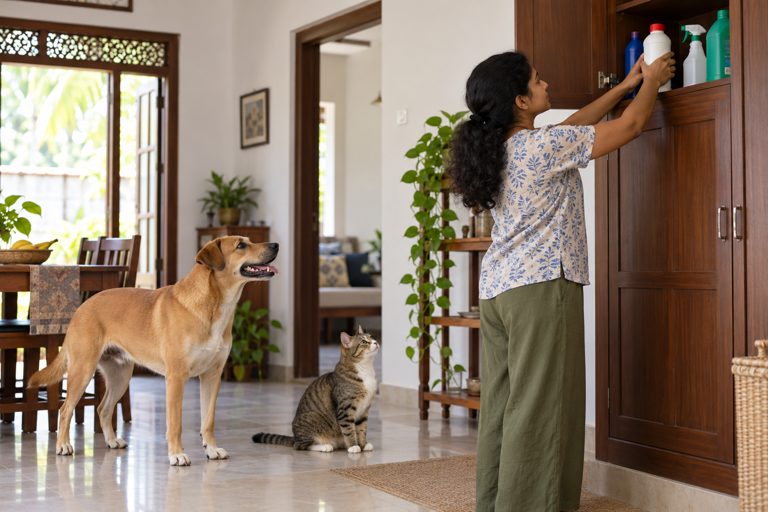 AI-generated illustration of an owner securing household chemicals in a high cupboard away from a dog and cat