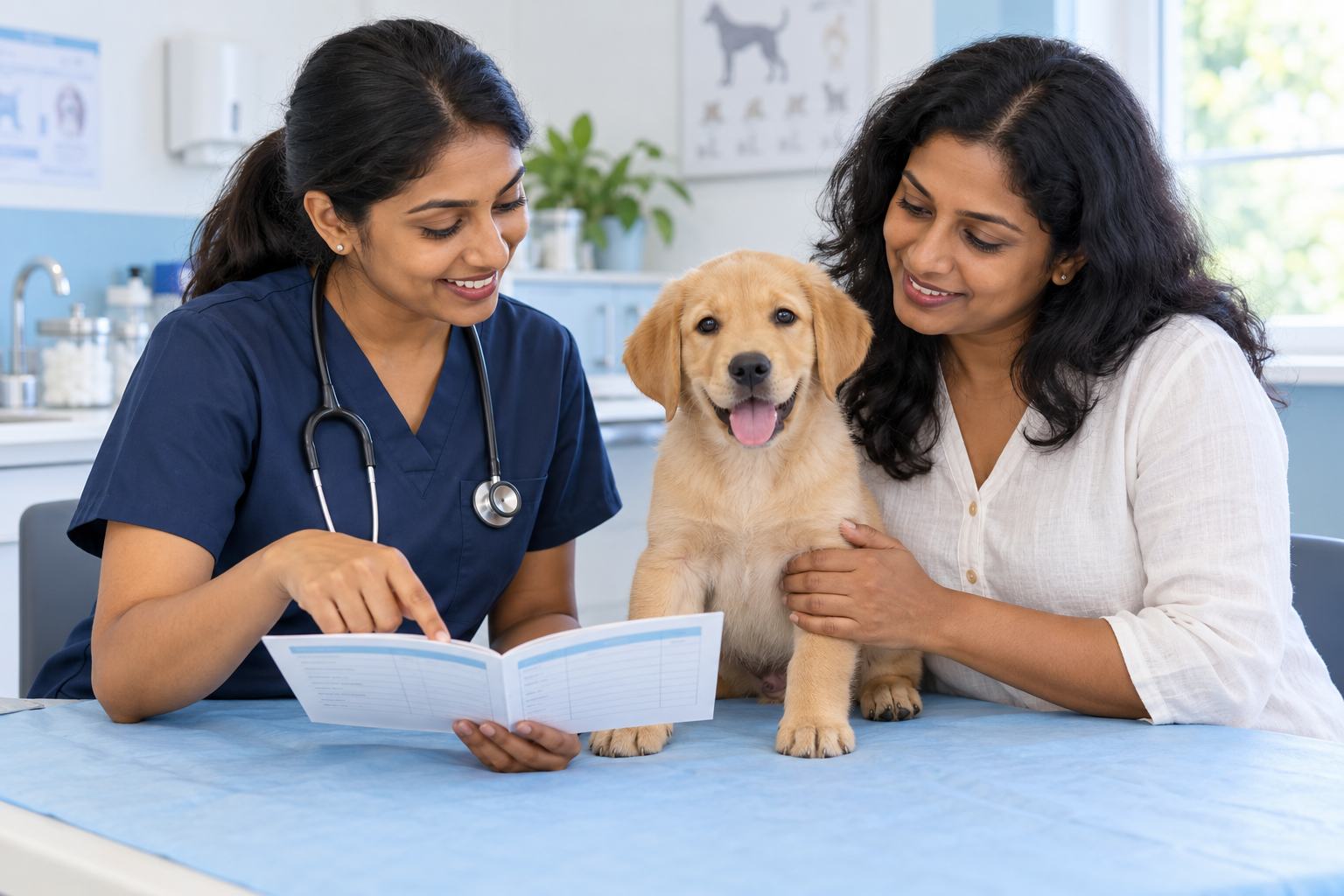 AI-generated illustration of a Sri Lankan veterinary surgeon and owner reviewing a vaccination booklet beside a golden puppy