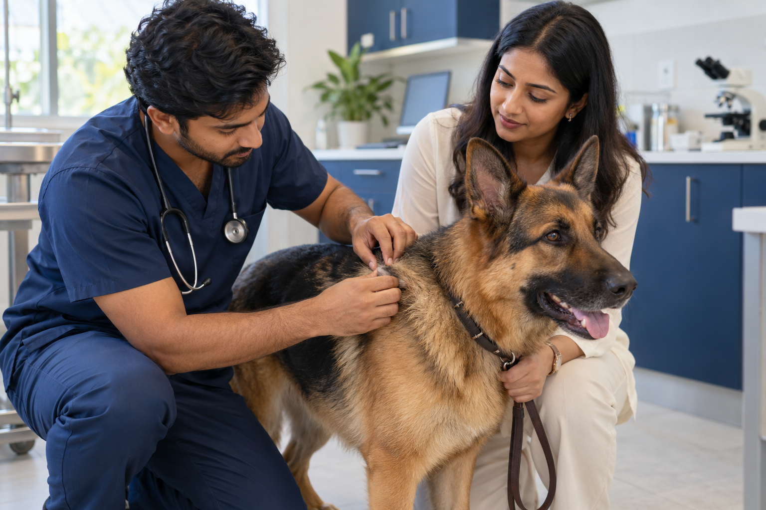 AI-generated image of a young Sri Lankan veterinarian examining a German Shepherd’s skin while its owner holds the lead