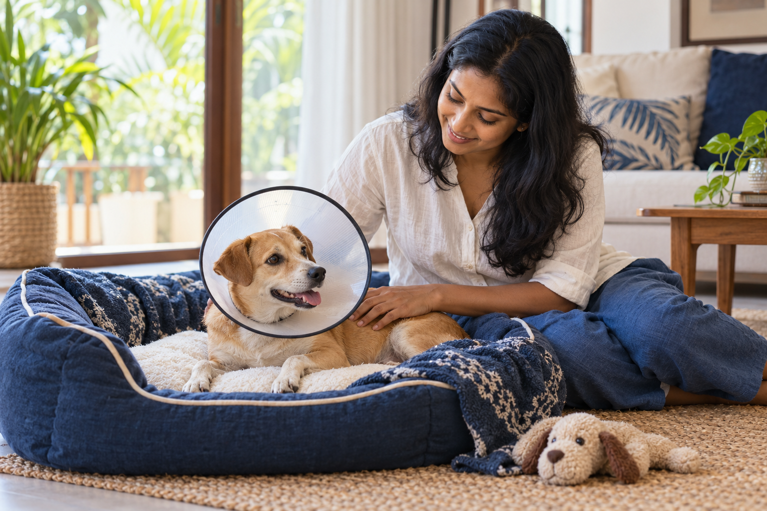 AI illustration of an owner comforting a dog wearing a protective cone while resting on a blue bed