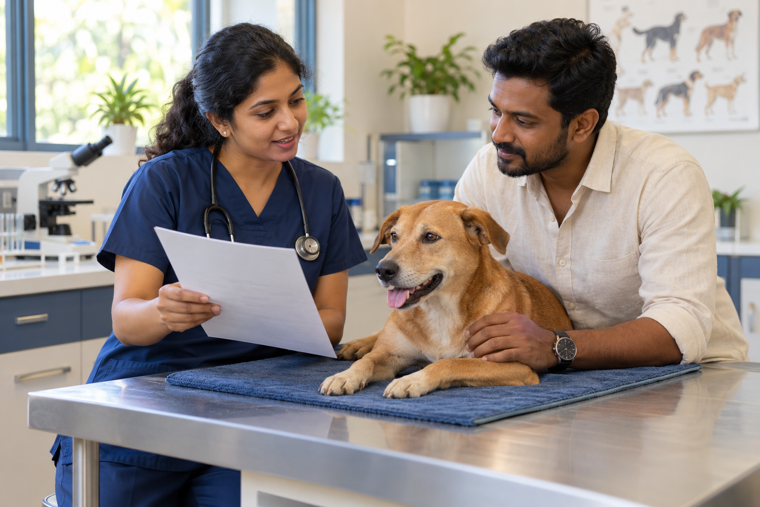 AI illustration of a veterinarian reviewing a laboratory report with a dog’s owner beside an examination table