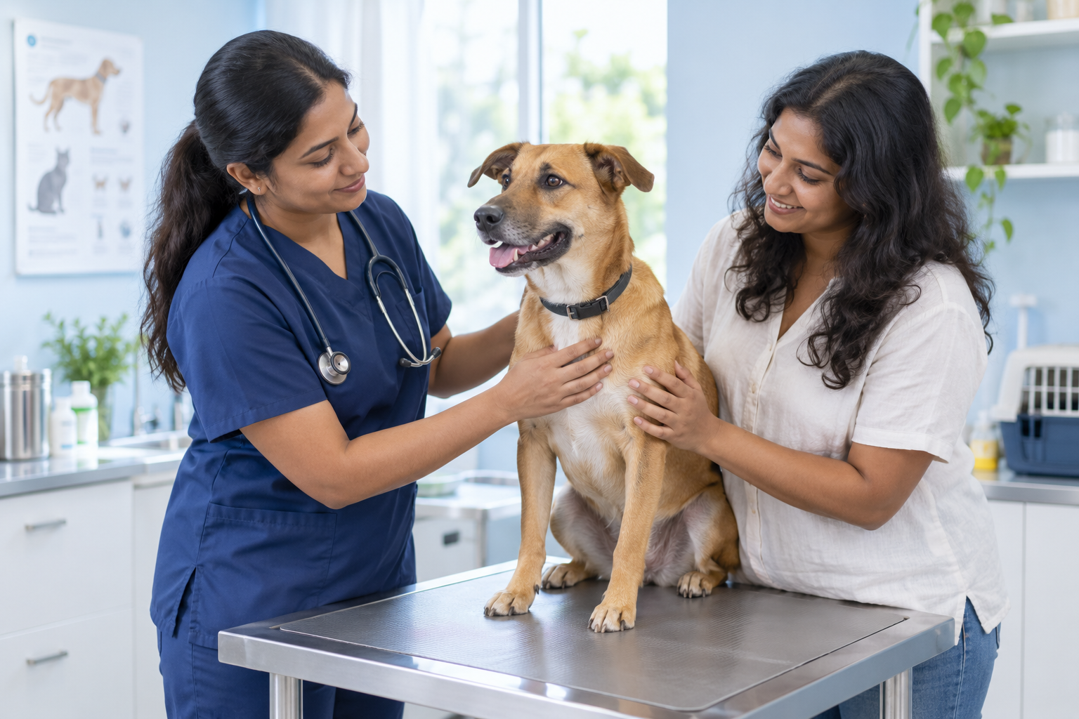 AI illustration of a veterinarian assessing a dog with its owner nearby
