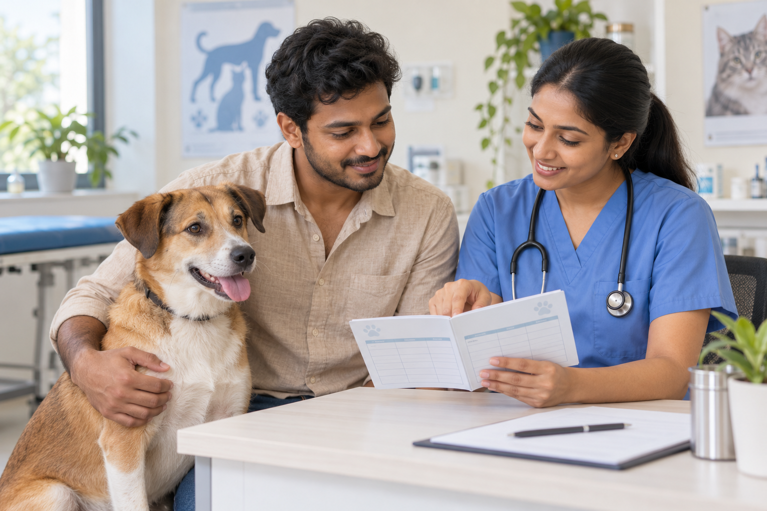 AI illustration of a veterinarian and owner reviewing a vaccination booklet beside a dog