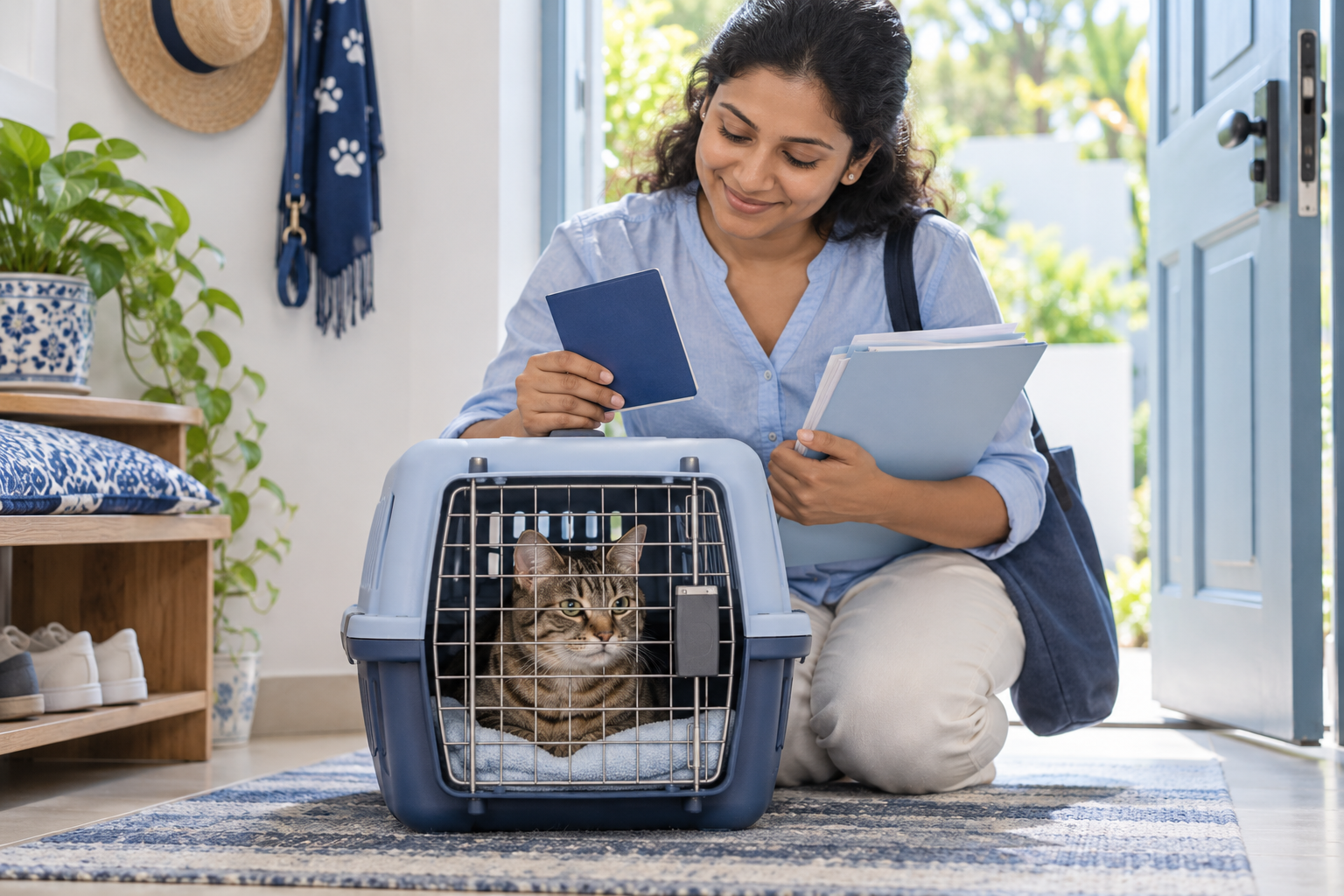 AI illustration of an owner preparing a cat carrier and records for a vet visit