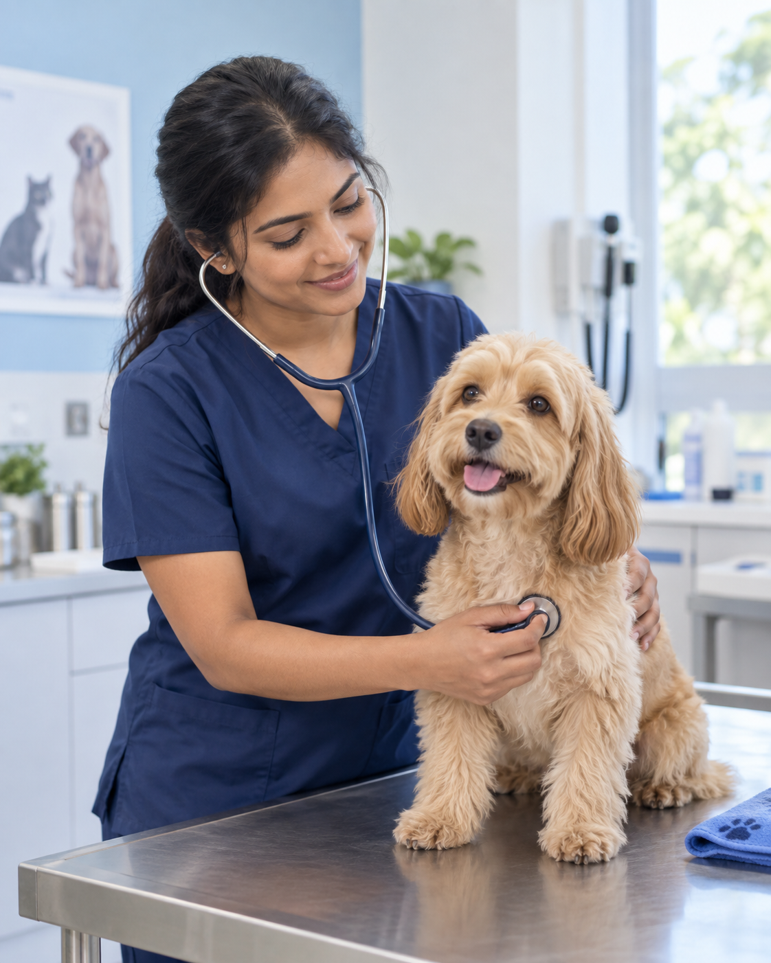 Illustration of a veterinarian examining a dog with a stethoscope